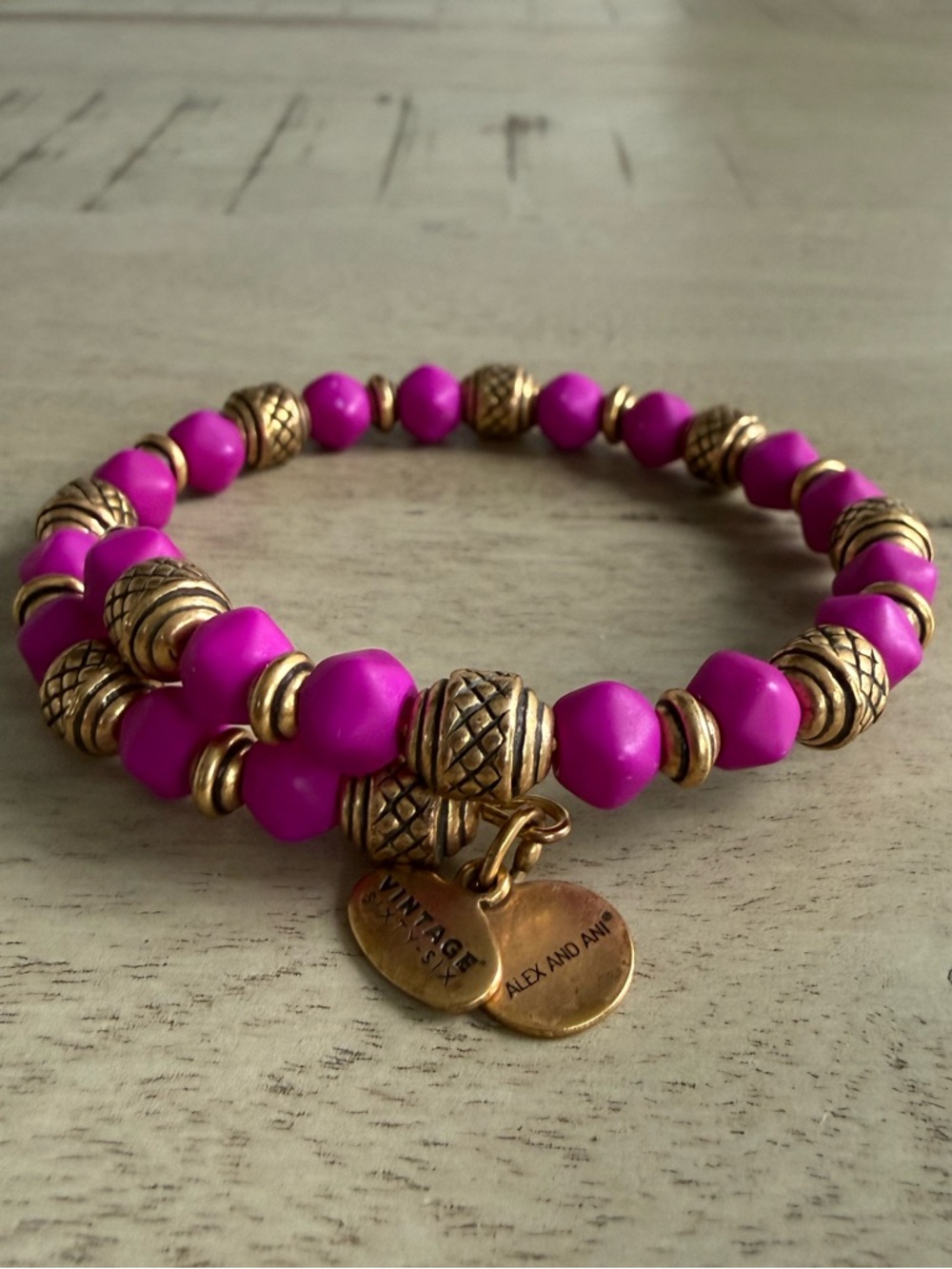 Alex and Ani Magenta Beaded Charm Bracelet with Gold Accents
